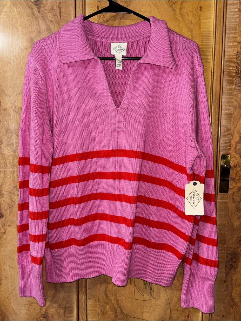 Women’s St. John's Bay Pink V-Neck Sweater with Red Stripes size Large